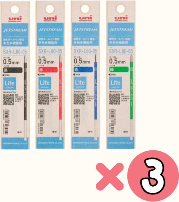 유니 제트스트림 라이트 터치 잉크 멀티펜 전용 리필심 0.5mm, 12개입, 블랙3/레드3/블루3/그린3