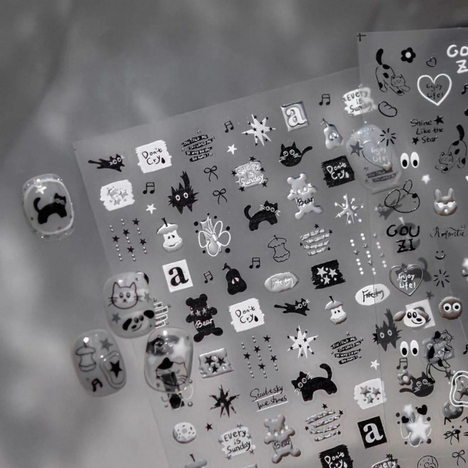 엠보 수은 실버 블랙 화이트 레터링 고양이 드로잉 토모니 네일스티커 to5244, 1개