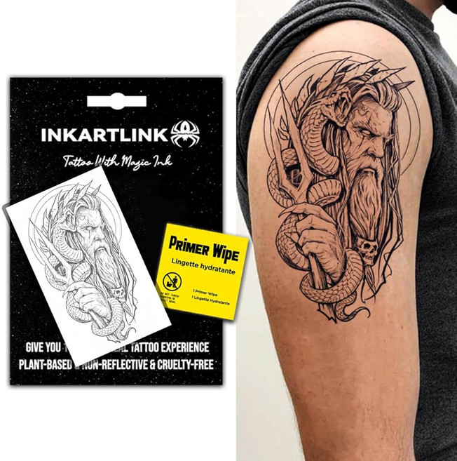 잉크아트링크 세미 퍼머넌트 임시 성인 아트 디자인 파티 취향 방수 사실적 없음 반사 2주 지속 엑스트라 라지 더블 블레이드 워리어, Poseidon 2, 1개