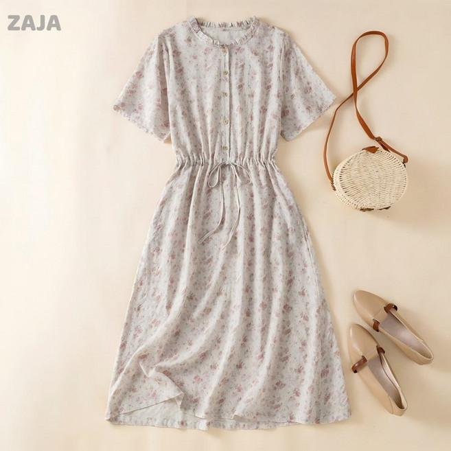 ZAJA 여성 여름 프린트 원피스 반팔 린넨 면 원피스