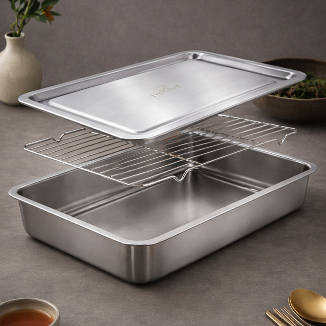 페르쉐프 스테인리스 밧드 세트 스텐 트레이 오븐용 식기세척기 가능 깊은형 얕은형 와이어랙 포함, 1세트, 실버