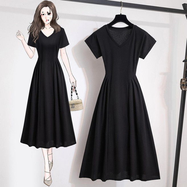大碼連衣裙 V領收腰顯瘦長裙, 黑色,2XL, 黑色