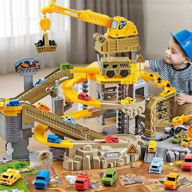 어린이 공사 트랙카 조립 장난감 미끄럼 기차 주차타워 자동차 미션 대모험, 1세트, 그림색전동 자동차 세트