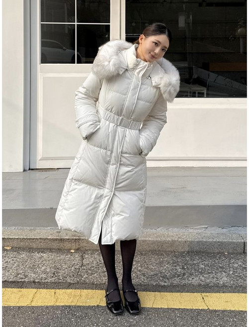 에고이스트 아이보리 퀼팅 텍스처 벨티드 롱 구스 다운점퍼 EQ4TD008