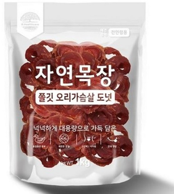 강아지 자연목장 대용량 애견 간식 저지방 고단백 고기, 쫄깃 오리가슴살 도넛, 1kg, 1개