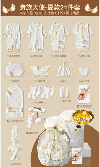 貴族天使 夏款23件套 嬰兒禮盒, 夏款貴族天使-白21件【輕奢手提藍】,59cm (建議0-3個月寶寶), 1個