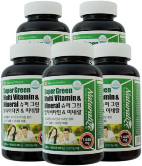캐나다산 슈퍼 그린 멀티비타민 앤 미네랄 비타민 14종 미네랄 10종 함유 온가족 건강 필수템, 180정, 5개