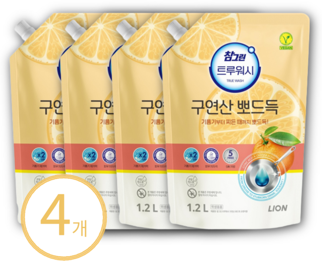 참그린 구연산뽀드득 트루워시 오렌지향 리필 1.2L 4개