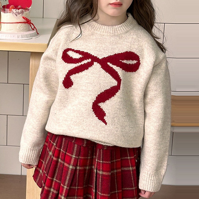 지디오 주니어 여아 빅리본 자수 스웨터 베이직 라운드넥 니트 티셔츠 겨울 긴팔 니트티