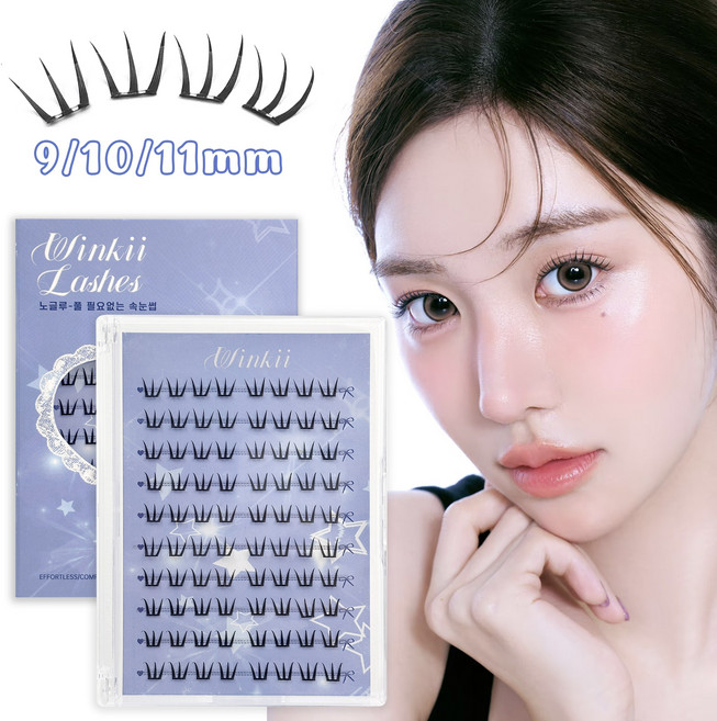 Winkii 노글루 속눈썹 아이돌 포인트 가닥속눈썹 초경량 원터치 풀 필요없는 속눈썹 9+10+11mm 10줄 대용량, 1개, 위스피