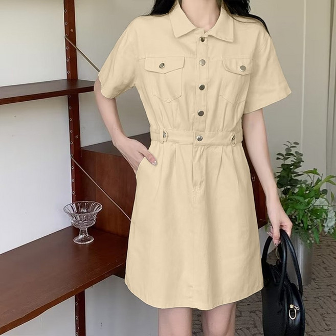 棉質短袖洋裝, 杏色,M