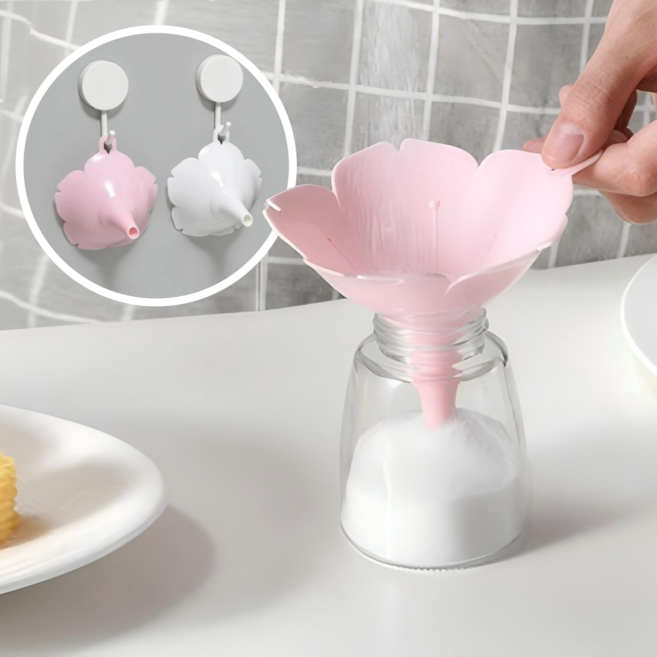 귀여운 벚꽃 소분용 주방 플라스틱 깔때기 2P 세트, 2개, 11.8cm 화이트+핑크색