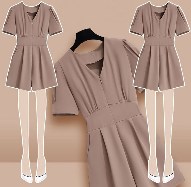 여름 패션 날씬해보이는 와이드 점프수트 여성의류 브이넥 지퍼 허리조임 반팔 반바지 점프슈트