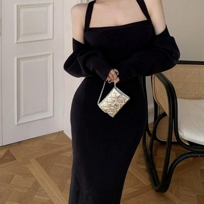 아이엠몽 여성 슬림핏 홀터넥 니트 원피스 볼레로 가디건 투피스