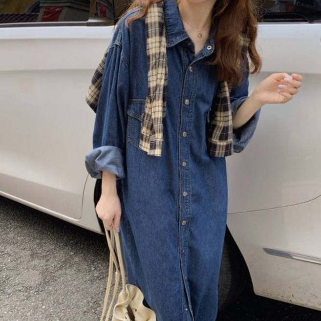 [오늘출발] 루즈핏 데님 롱 맥시 셔츠 원피스