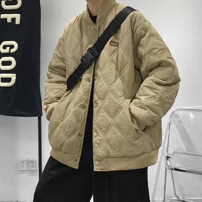 菱格紋寬鬆加厚保暖棒球領棉衣夾克外套
