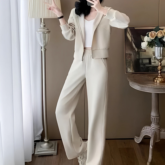 TIMEPURE 여성용 봄가을 프리미엄 슬림핏 팬츠 세트 후드집업 와이드 팬츠 스포츠 투피스 상하의 세트 빅사이즈 데일리