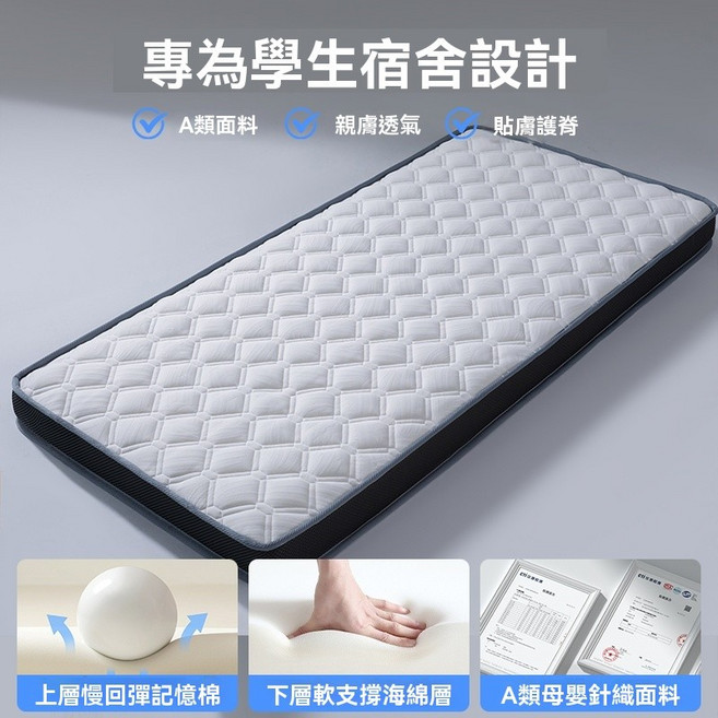 MIIOW 學生護脊記憶床墊，慢回彈軟支撐，可折疊易收納，宿舍單人雙人適用, 3尺
