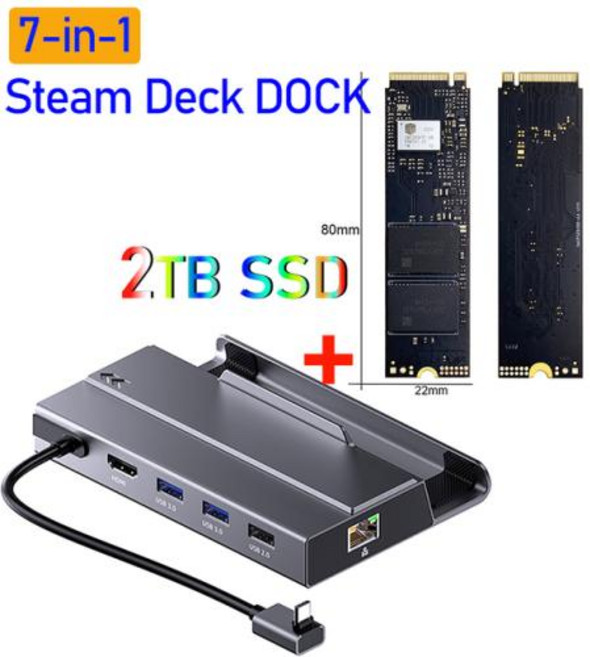 OLJ 7 in 1 type c 허브 nvme 독 hd HDMI 4k 60hz ssd 도킹 스테이션 100w pd 충전 RJ45 1000M 스팀 데크 독 jsaux ayaneo, 1개, 4) with 2TB SSD, 4) with 2TB SSD