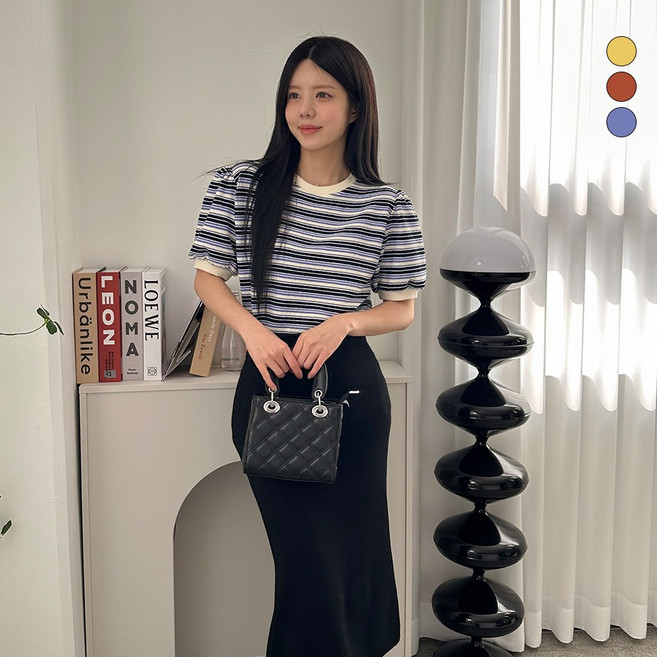 디테일웨어 여성 쟈가드 단가라 반팔티셔츠 셔링 숄더 퍼프니트 부드러운 여름니트 스트라이프 캐주얼 맨투맨 니트 반팔티