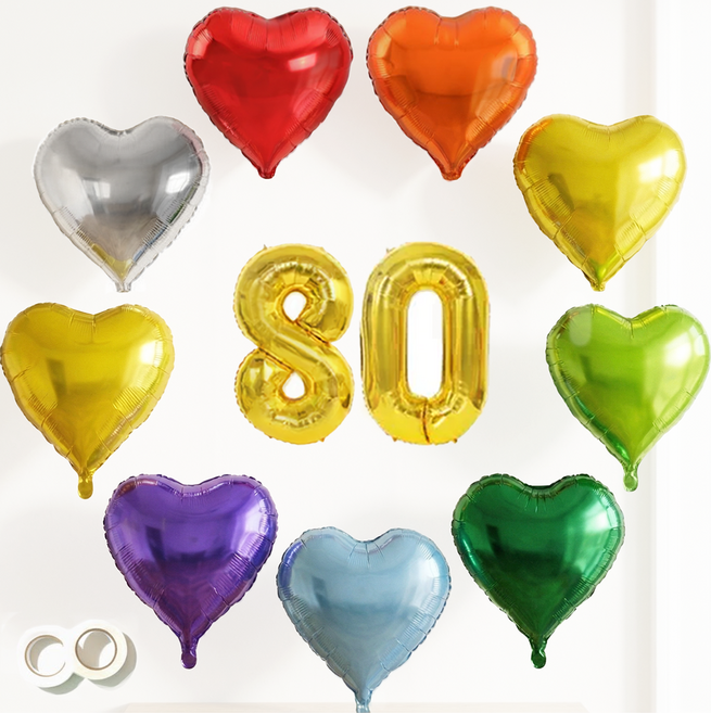 파파 파티 숫자풍선 골드 소형 숫자 풍선 하트 풍선끈 세트 포토월, 1세트, 레인보우 하트9종 +80