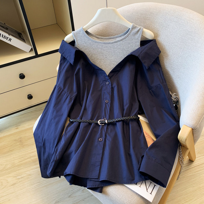 Akimu 여성 오프숄더 레이어드 셔츠 춘추 긴팔 오버핏 셔츠