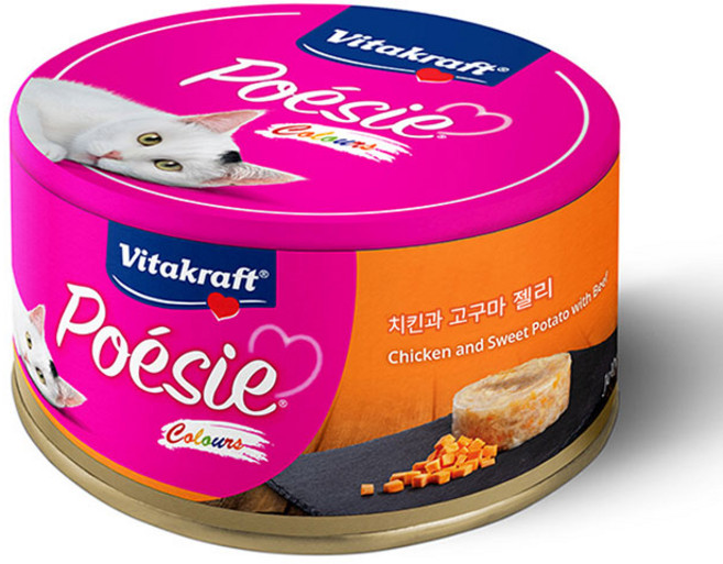 비타크래프트 포에시 컬러스 고양이 주식캔 80g 1박스 (24캔), 치킨과 고구마 젤리, 24개