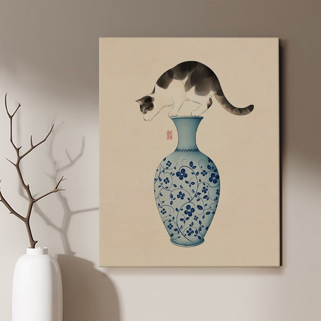 현대 민화 춘묘도 고양이 카페 거실 인테리어 캔버스 그림액자 9종 집들이 선물 고양이그림, 07.병화춘묘