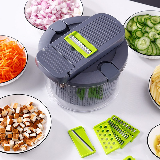 8in1 야채쵸퍼 다지기 양파 다이스 스파이럴라이저 깍둑썰기 만능 손보호 야채 다지기 수동 야채 탈수기, 회색, 5개