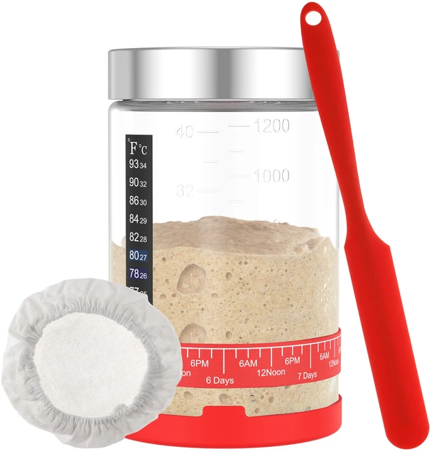 사워도우 스타터 키트 빵 굽기용) 와이드 마우스 발효 용기 (스케일 라인 포함) 금속 뚜껑, 01 1