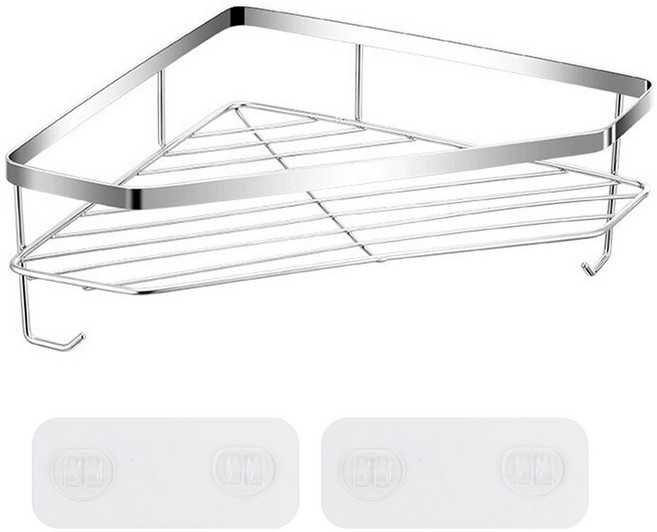 투데이리빙 무타공 욕실 코너 스텐 선반 벽걸이 물빠짐 수납 정리대 화장실 주방 다용도 삼각 모서리 트레이 코너장, 1개, 실버