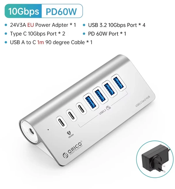 게임기 도킹 스테이션 오리코 USB 3.2 허브 10Gbps 타입 C 확장기 PD60W 충전 7포트 스플리터 (PC 노트북용, 01 PD60W 1M EU