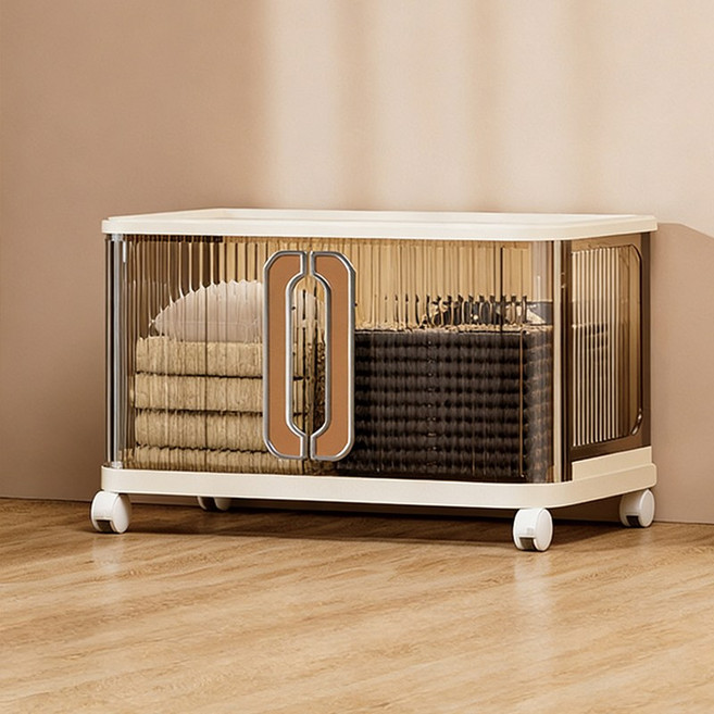 KDNC 접이식 투명 바퀴형 양문형 수납함, 1개, 투명 카키색