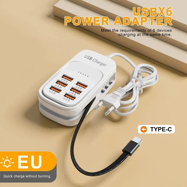 호환 고속 USB 충전기 6 in 1 멀티탭 데스크탑 충전 스테이션 고속 충전 코드 EU/UK/US 플매트 카펫 러그 U, 01 6USB White EU