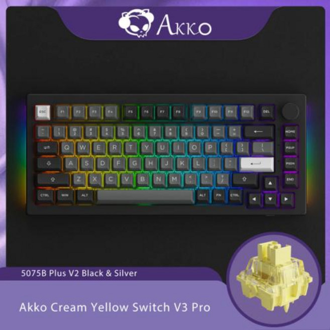 기계식 키보드 스마트폰 블루투스 Akko 블랙 앤 시안 75 핫 스왑 가능 멀티 모드 RGB 기계식 게이밍 키보드 무선 USB C타입 블루투스 50 24GHz 5075B 플러스, 3) V3 pro Cream Yellow, 1개