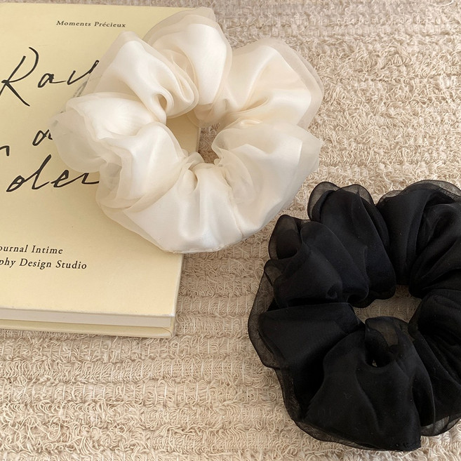 블링살롱 2개세트 국내제작 블랙 앤 화이트 이중 오간자 시스루 헤어슈슈 왕 곱창 밴드 머리끈 세트