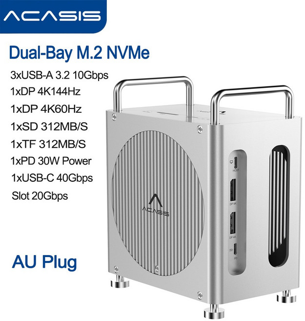 아카시스 40Gbps 맥 미니 M4/M4 Pro 도킹 스테이션 (듀얼 베이 M.2 SSD NVMe SSD 인클로저 USB-C 10Gbps, 04 AU Plug