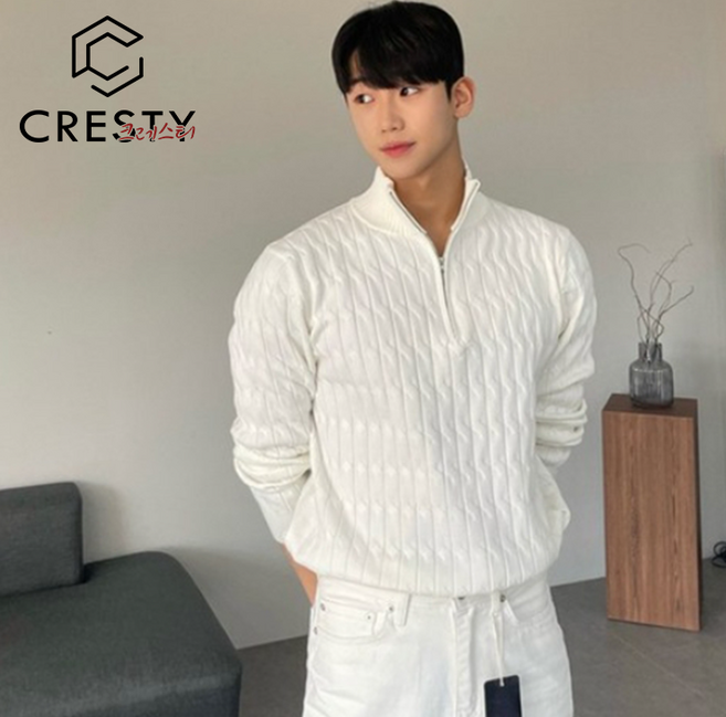 크레스티 남성 가을 겨울 데일리 오버핏 니트 오픈카라 골지 꽈베기 니트
