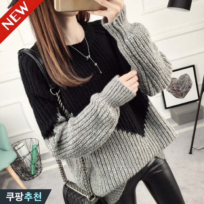 (대박난) 80kg까지 빅사이즈 여성 빈티지 두꺼운 배색 스웨터 니트 가을 겨울 루즈핏 이너 학생 꽈배기 고급 패치워크 간절기 라운드 심플 데일리 검정 기본 상의 니트티