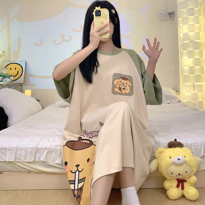 여성용 루즈핏 임산부 원피스잠옷 여름 반팔 홈웨어 귀여운 플러스사이즈