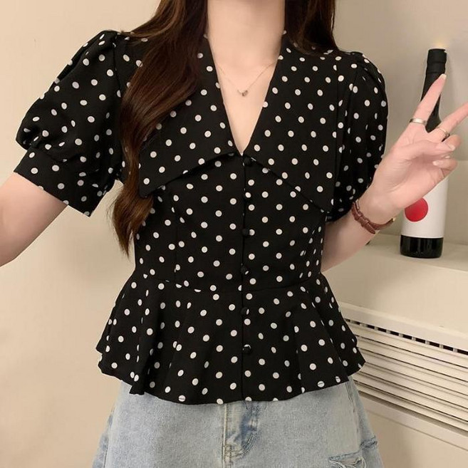 波點短袖襯衫女 娃娃領泡泡袖上衣 夏季新款