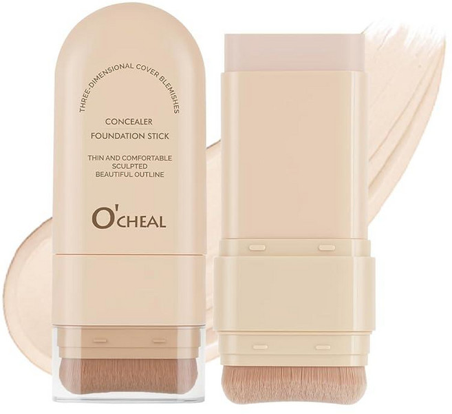 O'CHEAL 컨실러 파운데이션 스틱 2 in 1 롱래스팅 스틱 컨실러 브러시 포함 다크 서클 및 잡티를 위한 풀 커버리지 페이스 컨투어 08#옐로우 컴플렉션, 01#아이보리