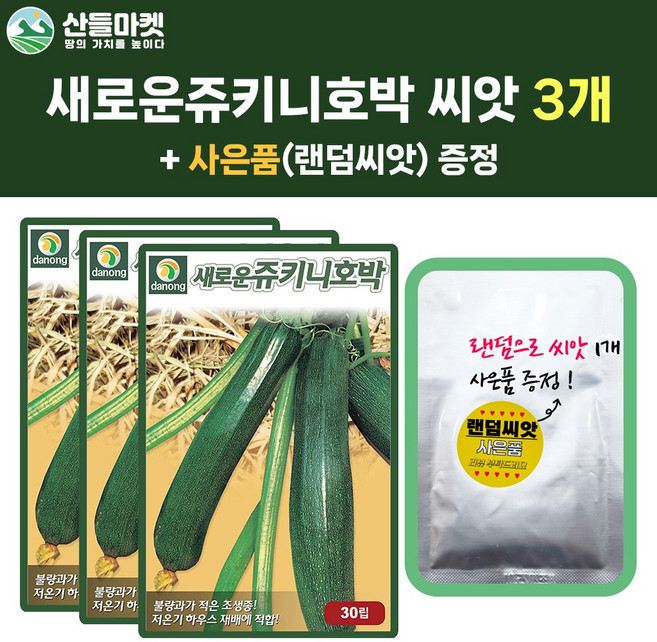 산들마켓 새로운쥬키니애호박 씨앗 30립 쥬키니 애호박씨 종자 3개+랜덤씨앗1개 증정, 1개