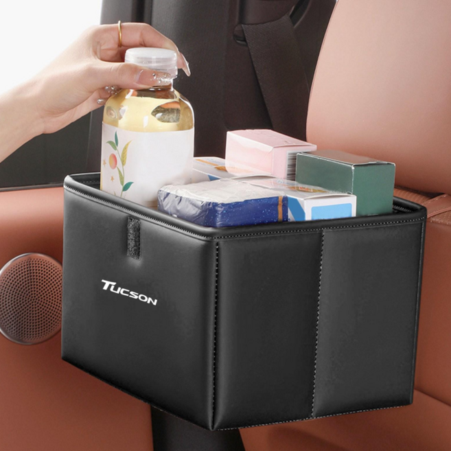 Kazama 차량용 다용도 수납함 자동차 쓰레기통 현대 호환 접이식 뒷좌석 고급 가죽 스낵 음료 휴대폰 정리 포켓 싼타페 아반떼 그랜저 캐스퍼 투싼 각인 F238-H, Tucson-black, 1개