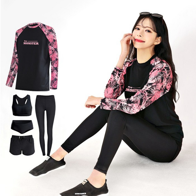 로이몬스터 남녀 야자수프린팅 루즈핏래쉬가드 상의+하의+이너+레깅스 풀세트 빅사이즈