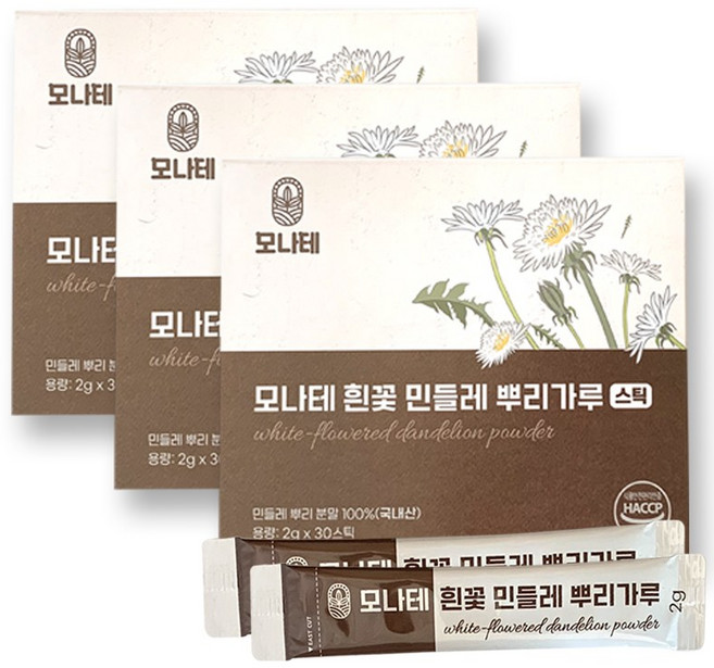 모나테 흰꽃 민들레 뿌리가루 스틱 / 국내산 민들레 뿌리 100% 분말 (기간한정30%할인), 3박스, 60g