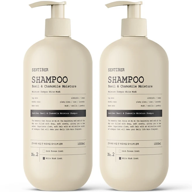 [정수리냄새 64% 개선] 1+1 센티베르 바질 앤 캐모마일 대용량 샴푸 1000ml 화이트머스크향 약산성 두피 미용실 향기좋은, 2개, 1L - 쿠팡