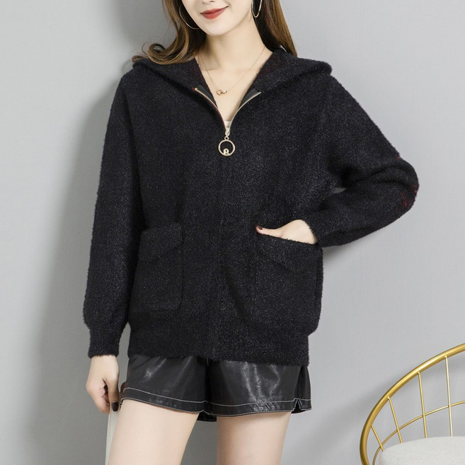 Asure 여자 후드 니트 카디건 긴팔 밍크털 춘추 지퍼 카디건