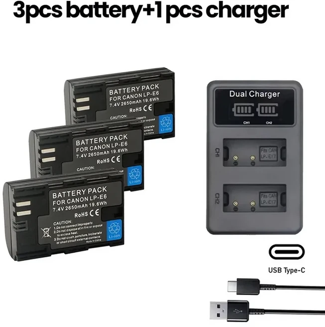 캐논 카메라용 LP-E6 2650mAh 7.4V 배터리 또는 LED 듀얼 충전기 (EOS 5D Mark II 2 3 6D R XC10 호환), 1개, 02 3battery1charger