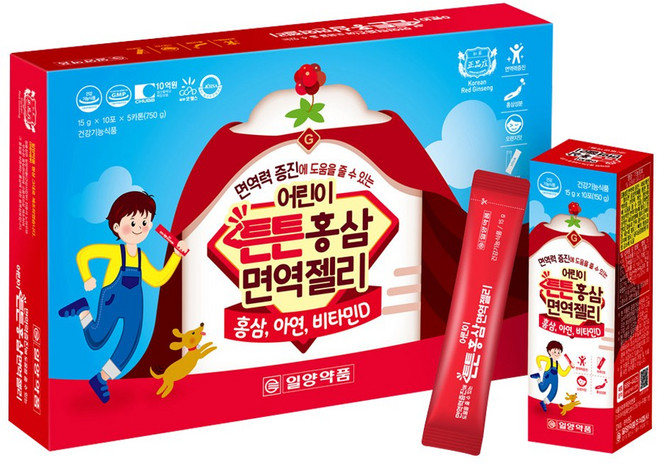 우리 아이 면역과 영양보급 튼튼홍삼 국내산 6년근 홍삼 녹용발효추출분말 자일리톨 맥아추출물 식물혼합추출물 18종 오렌지맛 젤리 스틱포, 1세트, 750g